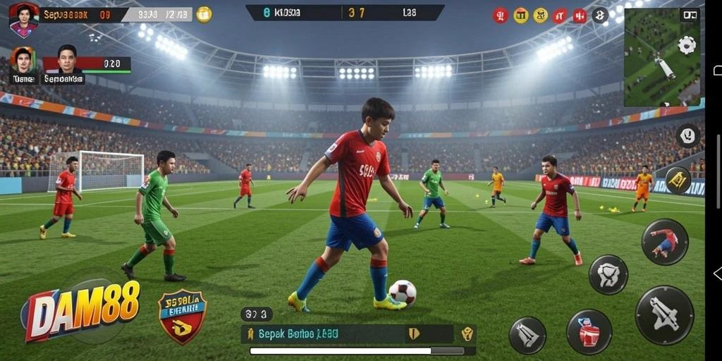 Tampilan gameplay dam88 dengan aksi sepak bola yang menantang.