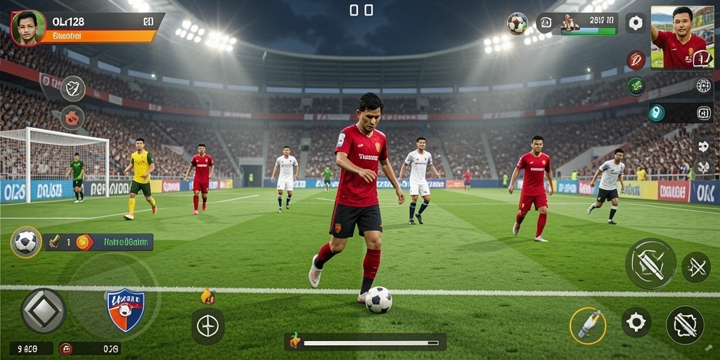 Screenshot game OLX128 menunjukkan aksi seru di lapangan sepak bola.